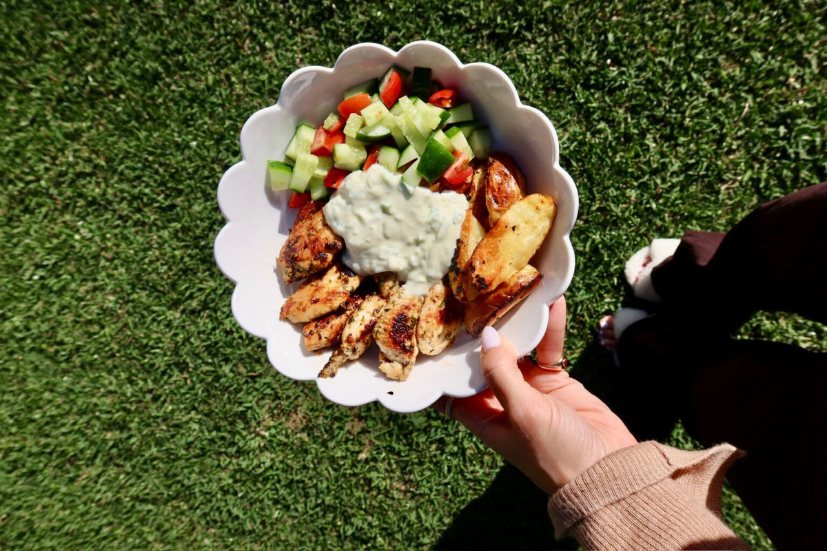 Greek Chicken Souvlaki with Lemon Potatoes and Authentic Tzatziki