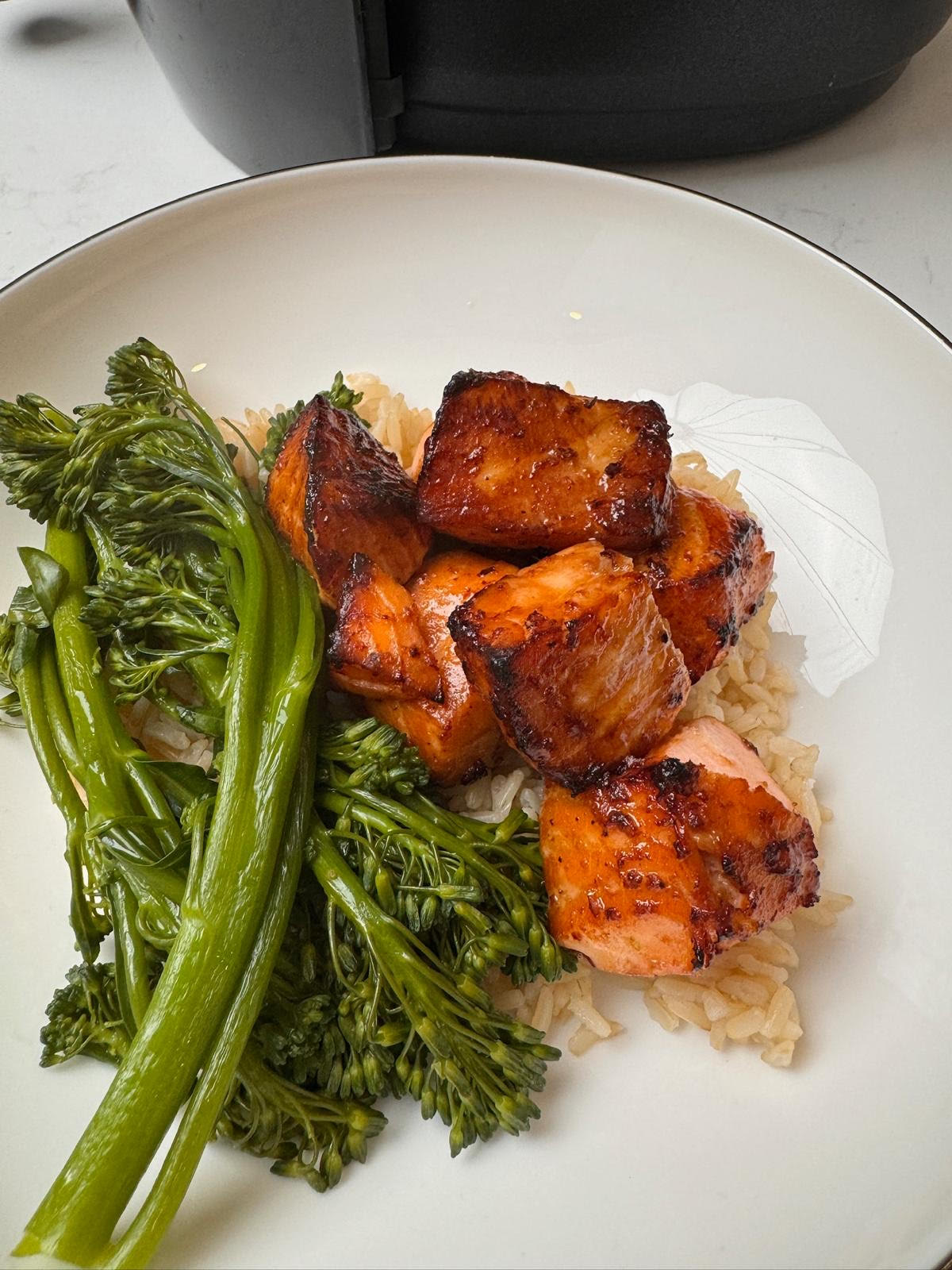 Air Fryer Salmon with Japanese Mayo and Broccolini